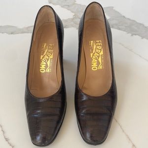 Ladies Ferragamo dark brown stamped croc pattern leather heel